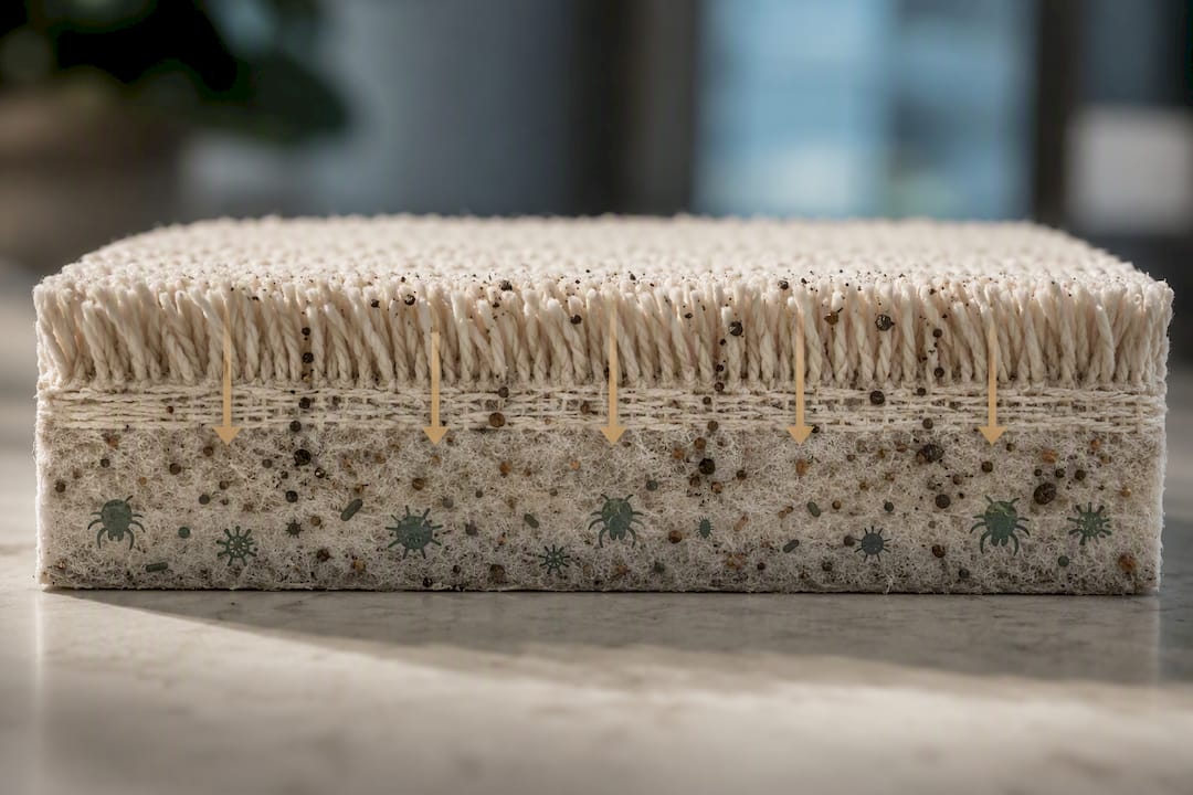 Carpet cross-section showing embedded soil