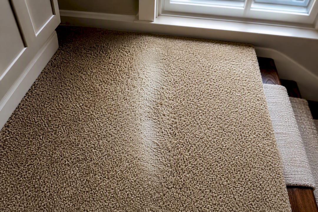 Crushed carpet fibers exposing backing