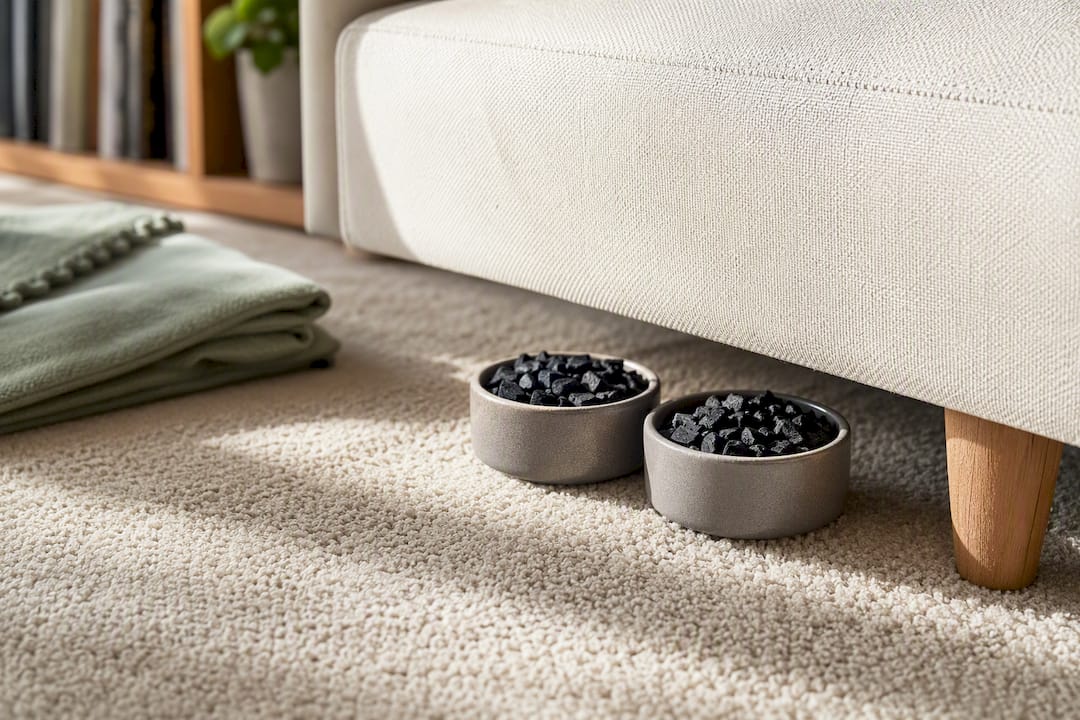 Activated charcoal bowls beside carpet