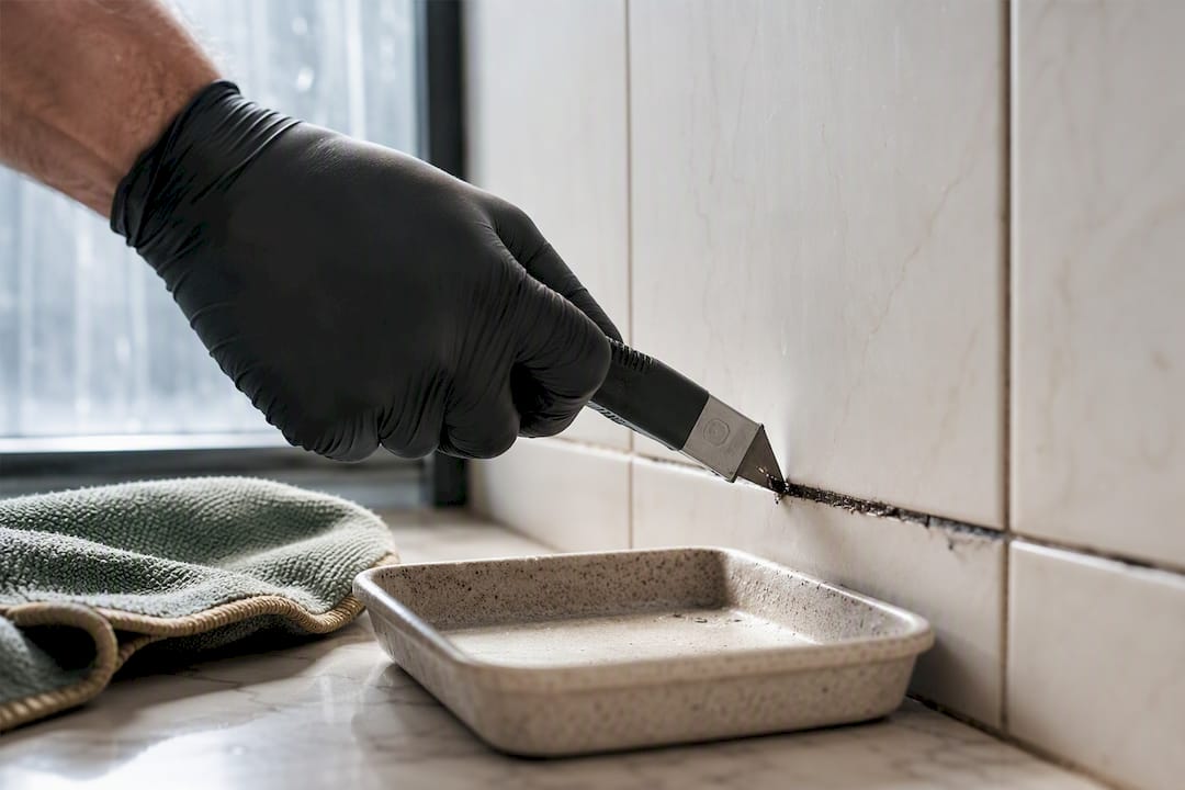 Scraper removing damaged shower grout