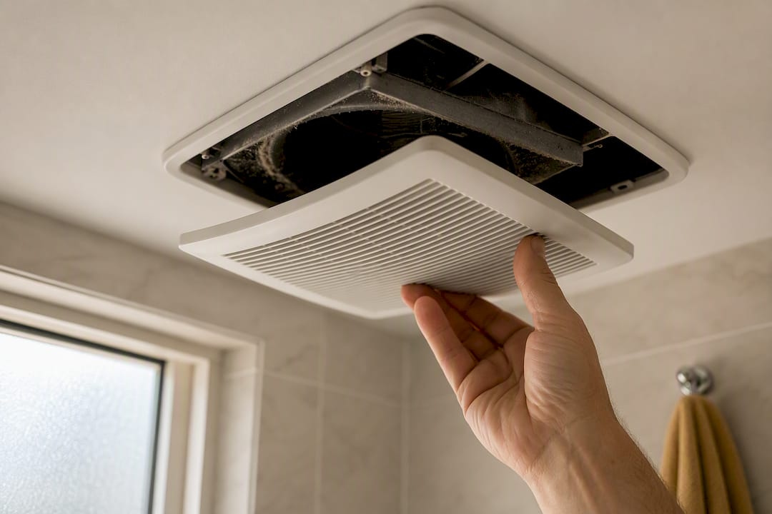 Dust buildup inside bathroom exhaust fan