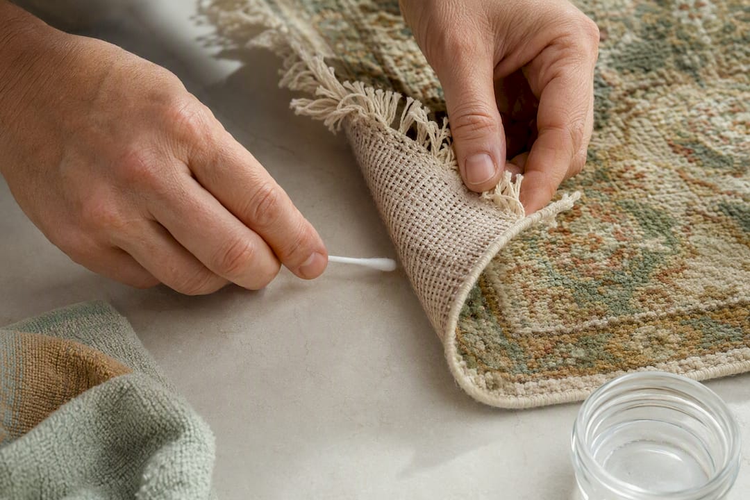 Testing cleaner on rug fringe underside