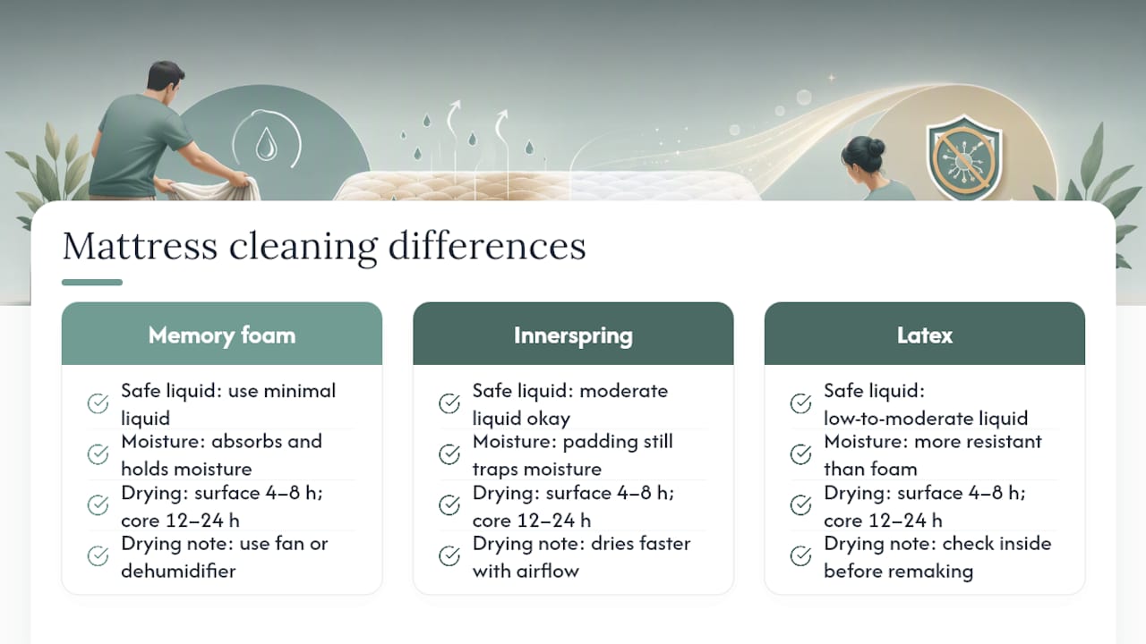 Comparison of mattress materials and drying needs