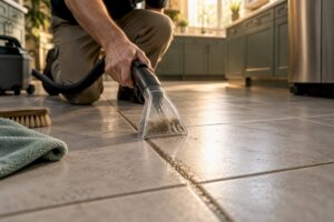 Extraction tool cleaning stained tile grout