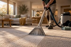 Technician deep cleaning residential carpet