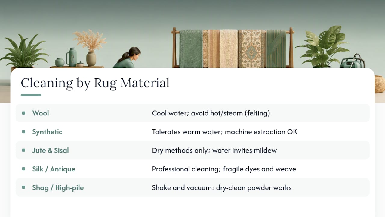 Rug materials matched with safe cleaning methods
