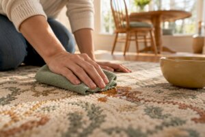 Hands blotting a fresh stain on rug