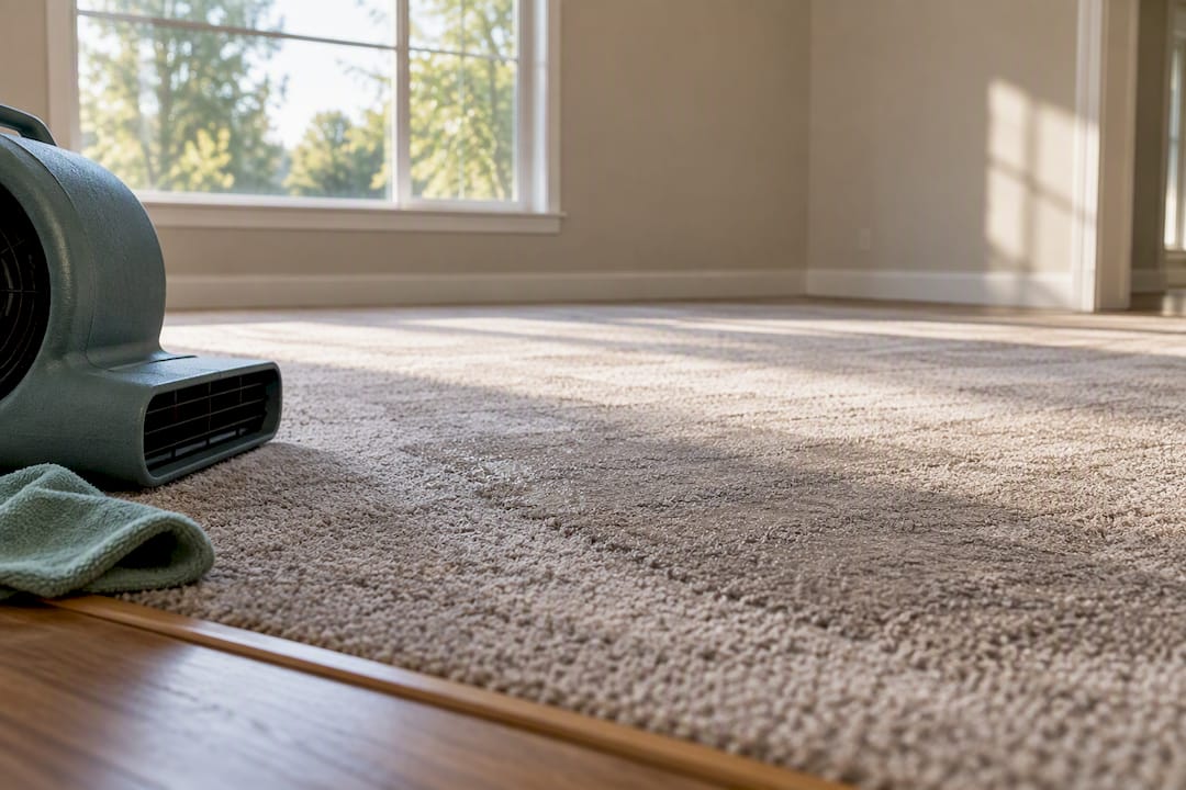 Freshly cleaned rental carpet drying indoors