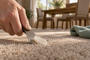 Hardened wax being lifted from carpet