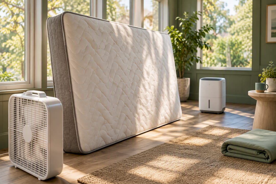 Mattress drying beside fan and dehumidifier