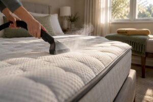 Homeowner steaming mattress surface in bedroom