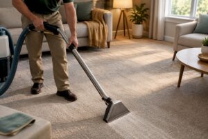 Technician applying eco-friendly carpet treatment