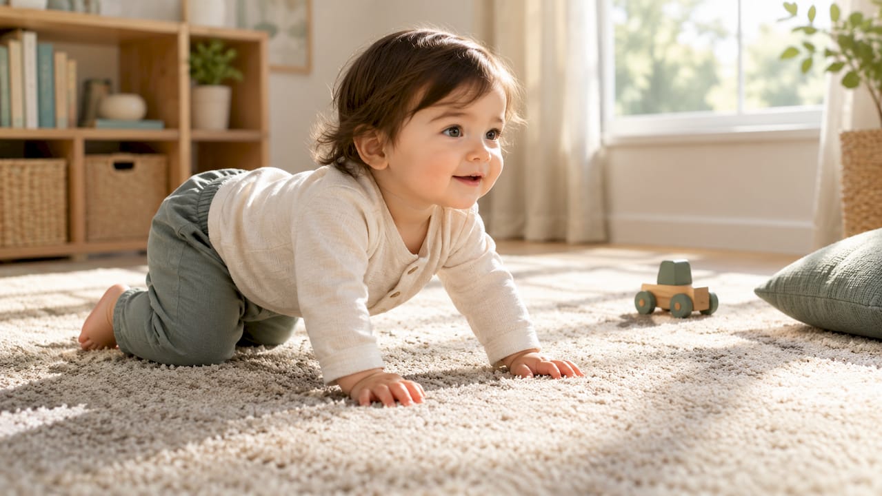 Child crawling on freshly cleaned carpet