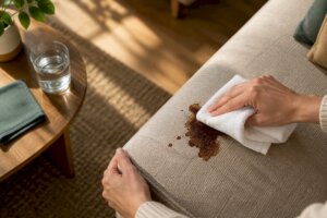 Hands blotting a fresh sofa stain