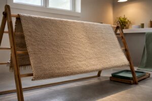 Wool rug drying evenly on rack