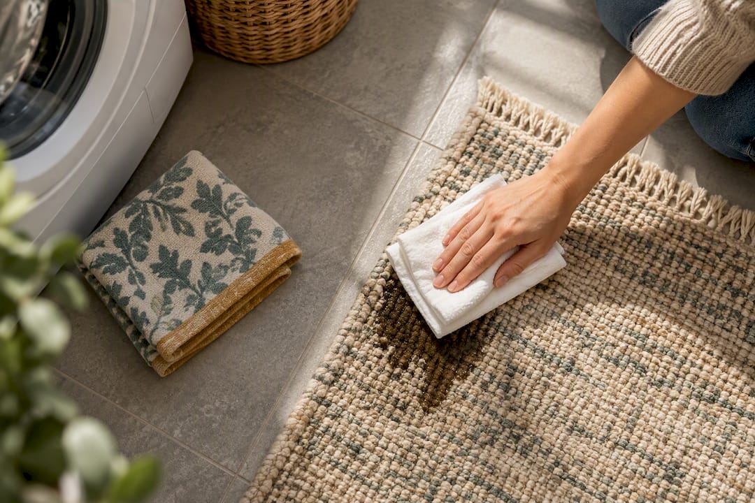 White cloths blotting spill on wool rug