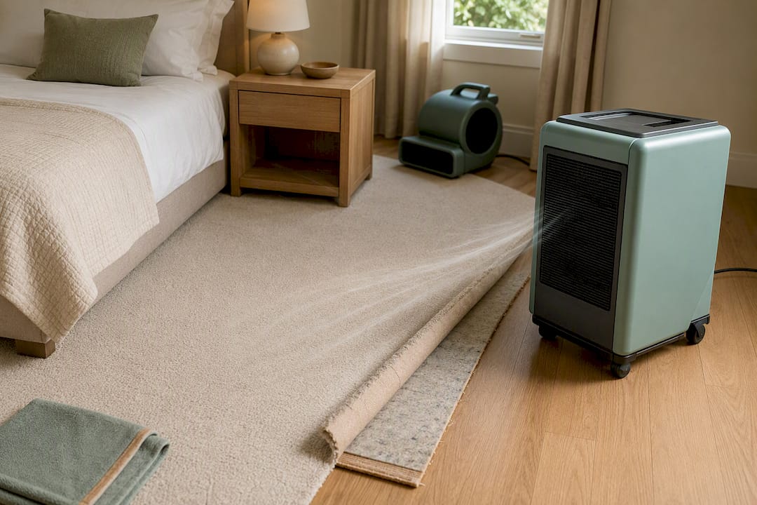 Dehumidifier helping freshly cleaned carpet dry