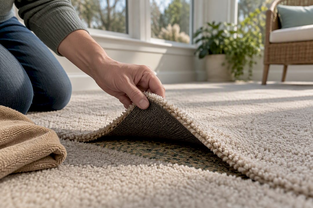 Damp carpet backing beneath dry surface fibers