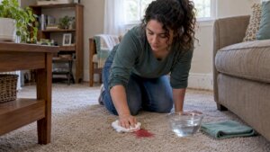 Homeowner blotting red drink from carpet