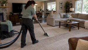 Technician steam cleaning residential carpet