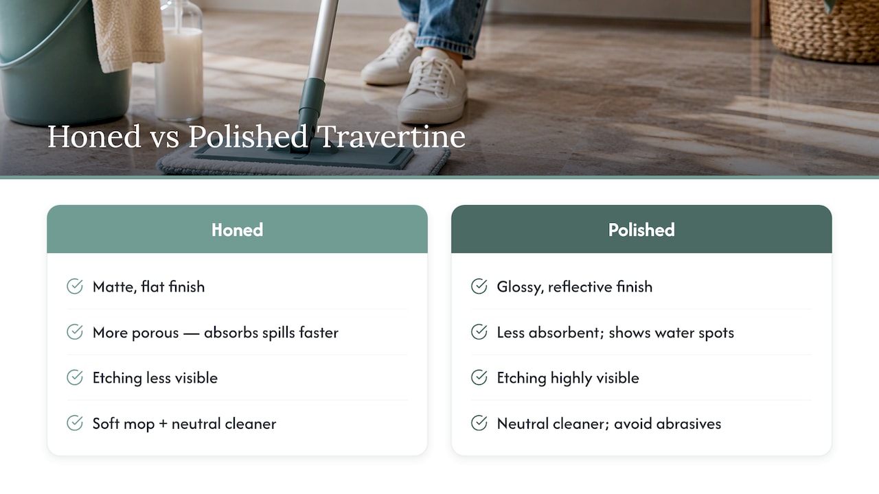 Comparison of honed and polished travertine
