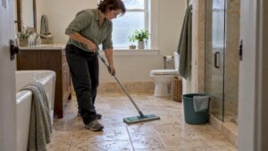Homeowner cleaning a travertine tile floor