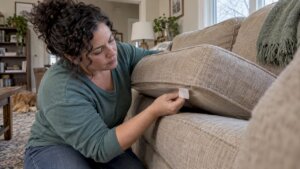 Homeowner checking sofa upholstery care tag