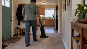Homeowner vacuuming a busy household walkway