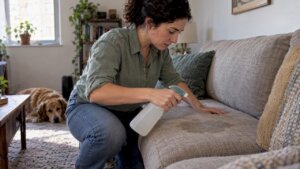 Homeowner treating a pet odor on sofa upholstery