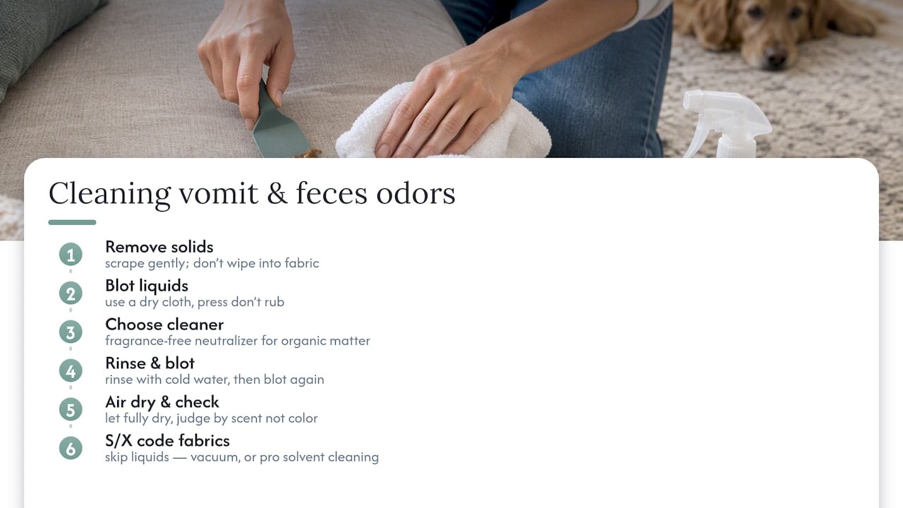 Dealing with upholstery odors caused by pet vomit or feces distinct from urine — overview diagram