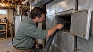 Technician inspecting an open residential air duct
