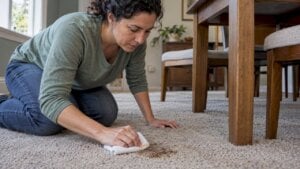 Homeowner blotting a set-in carpet stain