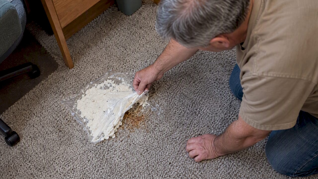 Dried poultice lifted from carpet stain