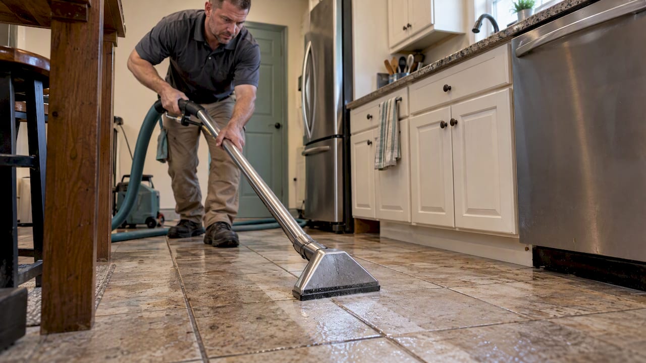 Technician extracting soil from kitchen tile grout