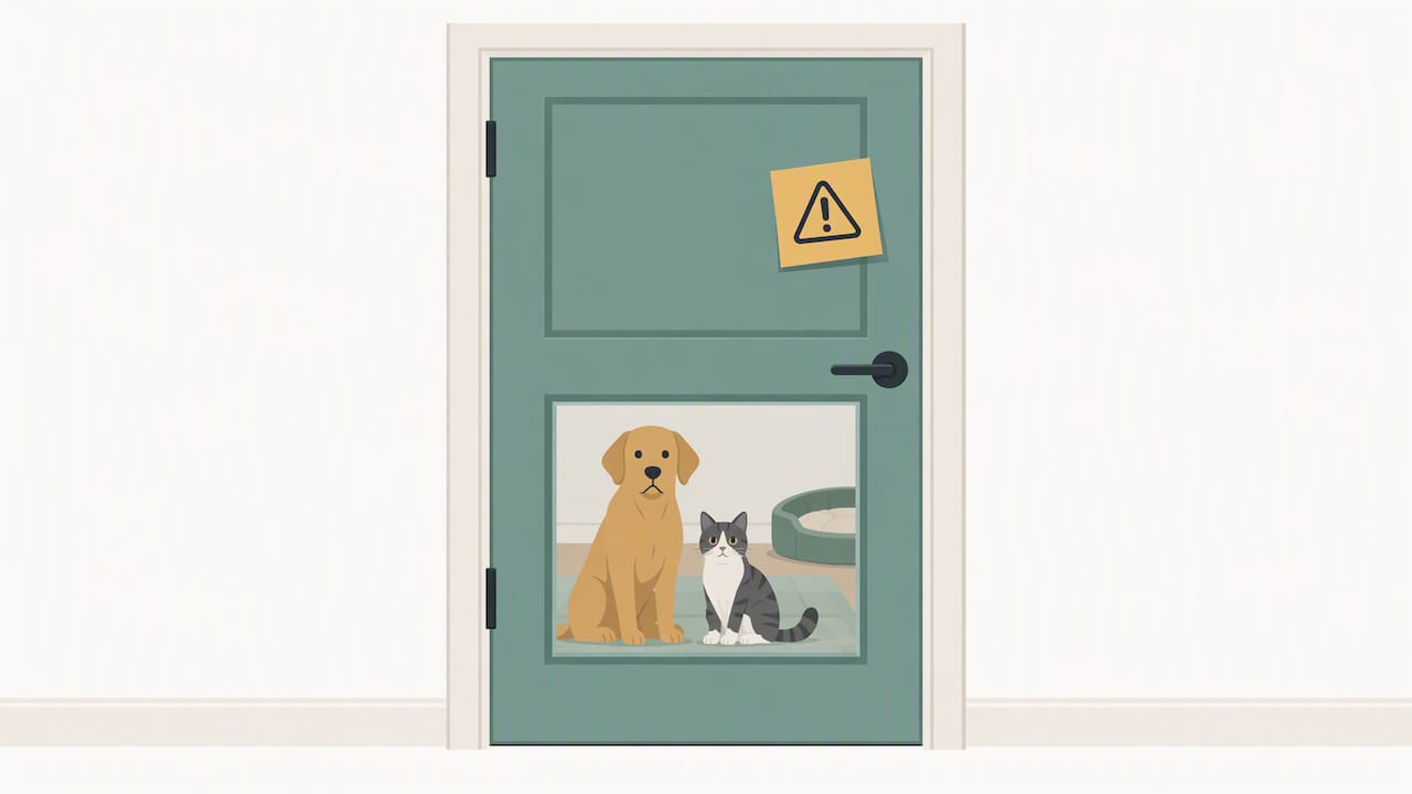 Caution note on a closed door with pet inside