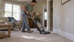 Homeowner dry vacuuming dusty carpet after construction