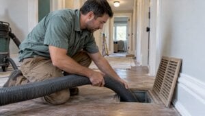 Technician cleaning a dusty home air duct