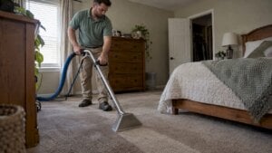 Technician extracting carpet in a Wichita bedroom
