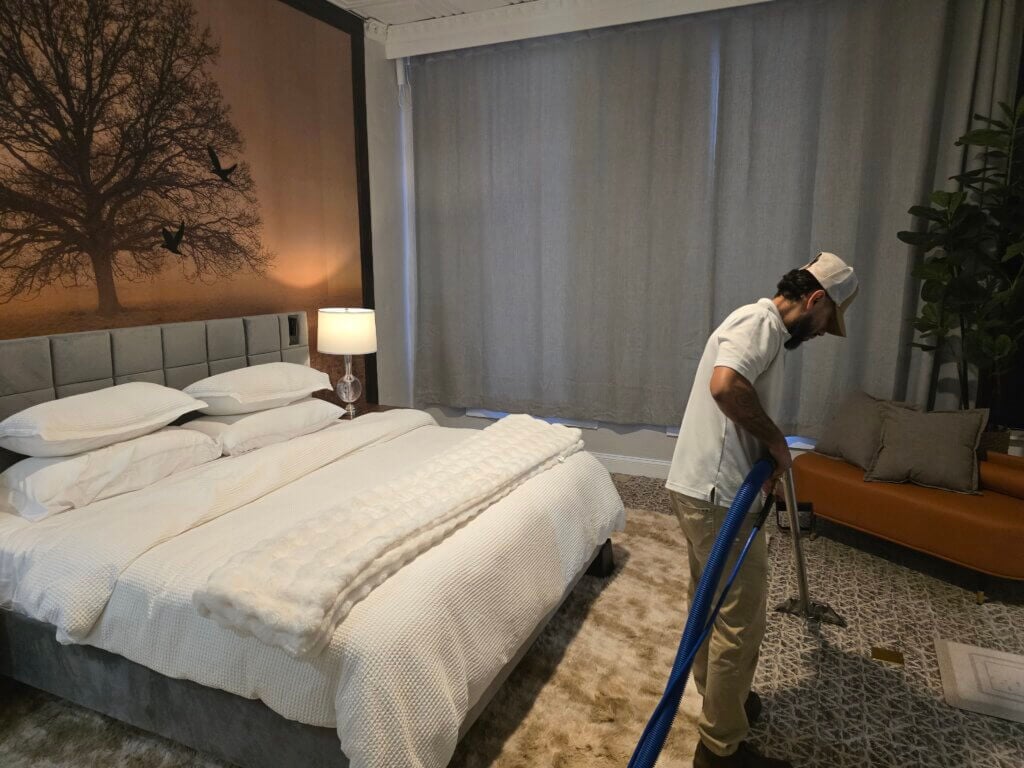 Carpet cleaning technician performing hot water extraction in a Wichita KS home